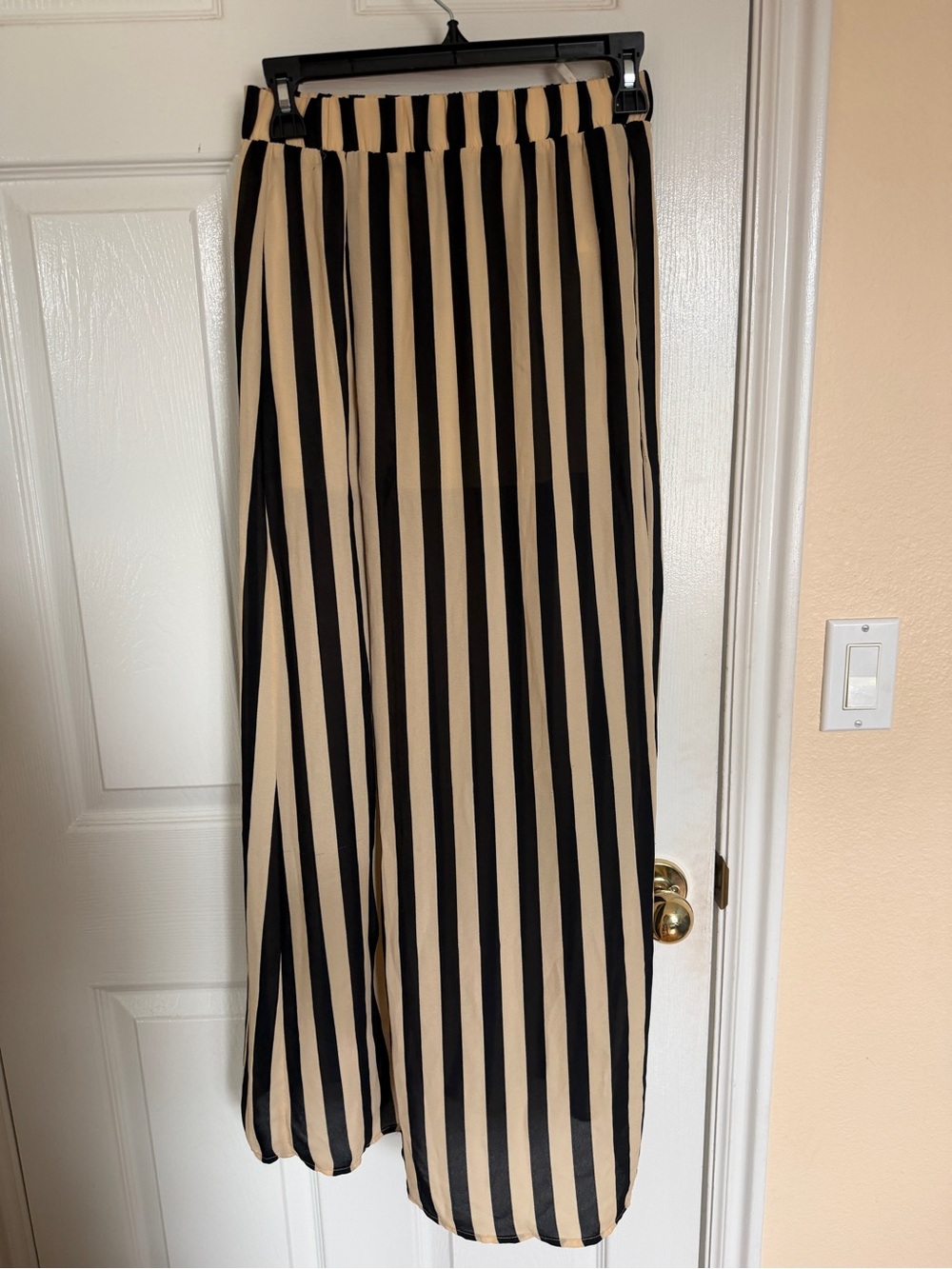 Black and Beige Vertical Stripe Maxi Skirt with slits on both sides